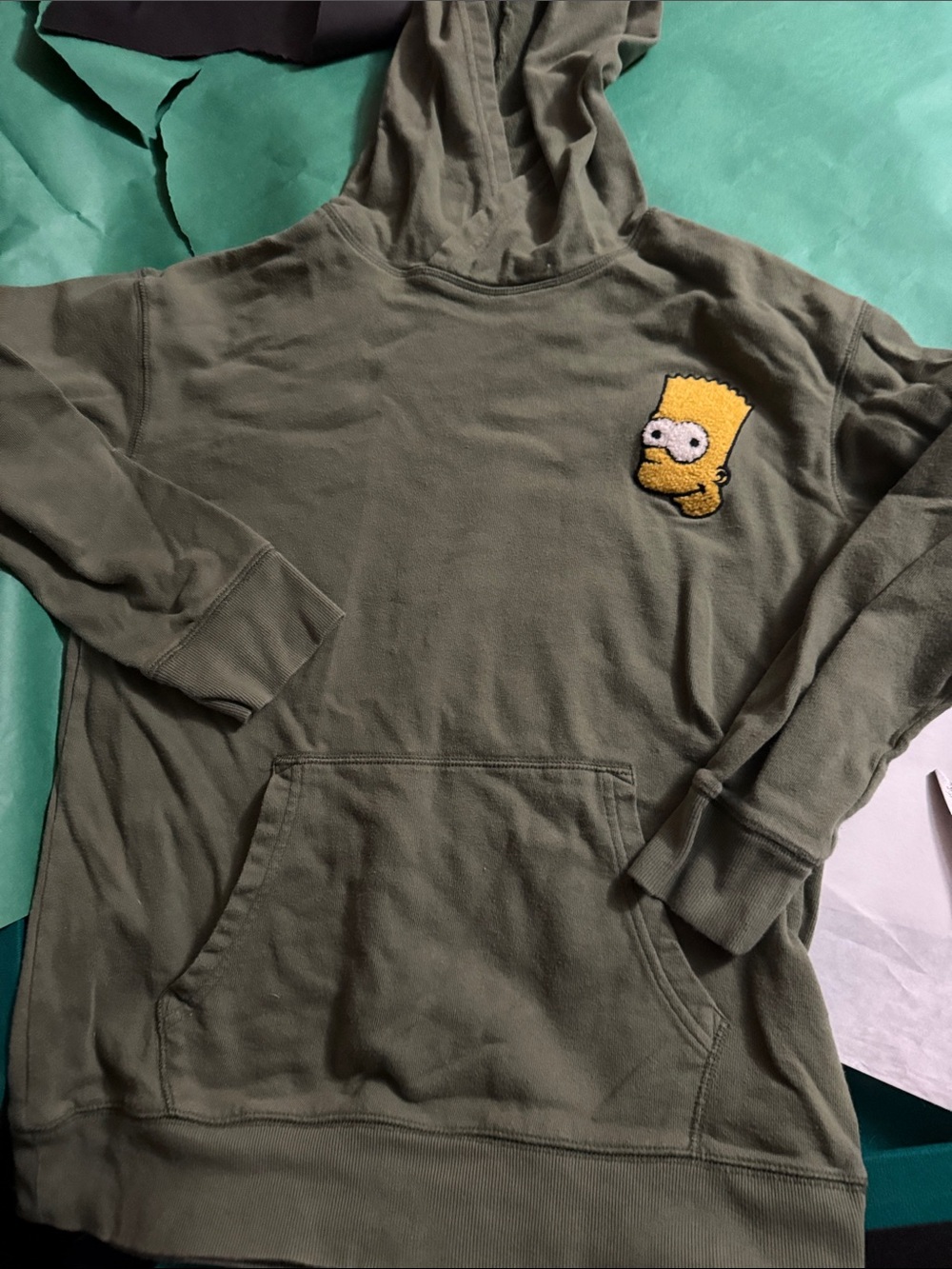 Old Navy Olive Green Kids Hoodie with Yellow Bart Patch XL 14/16